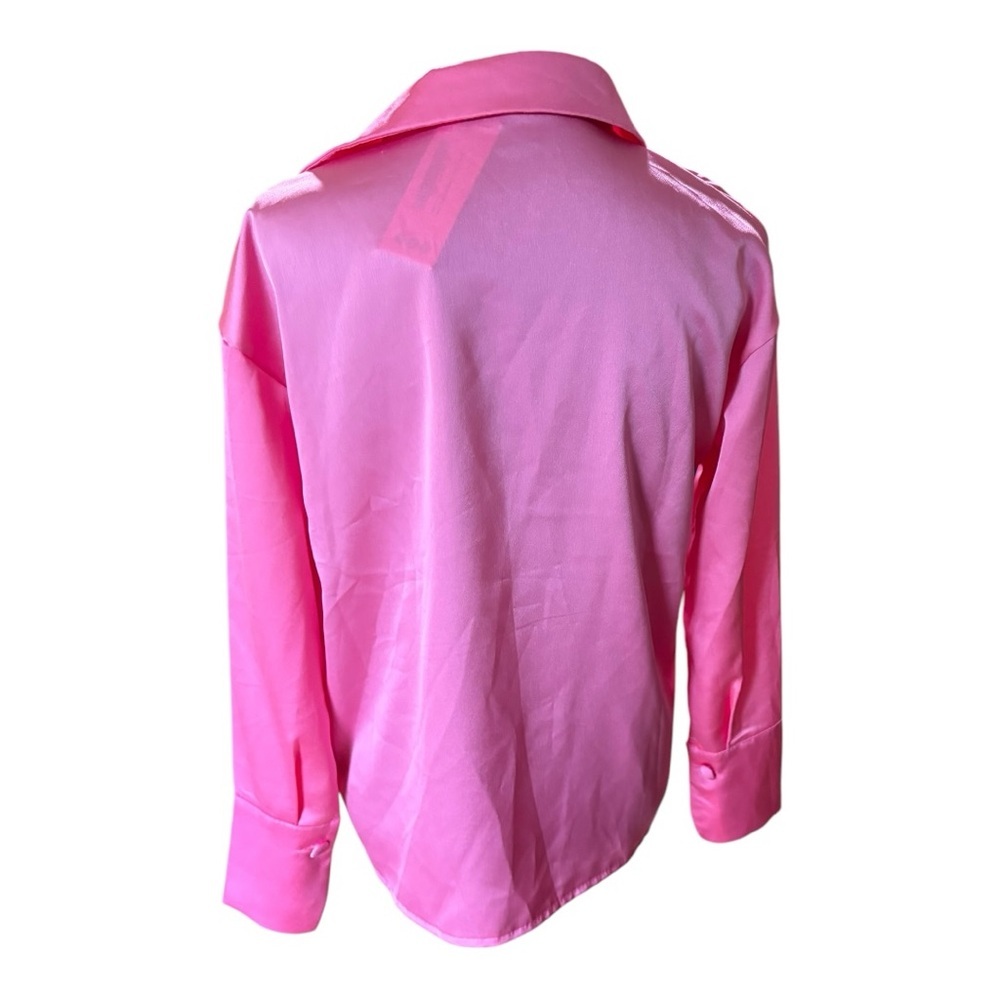 BOO HOO NWT BARBIE PINK ELEGENT SATIN BUTTON LONG SLEEVE BLOUSE SIZE 4 - Picture 5 of 7